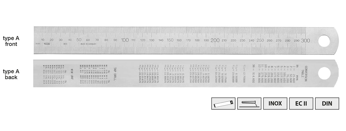 10550 Series Thước lá inox có bảng đổi đơn vị ở mặt lưng. Type A,B,C