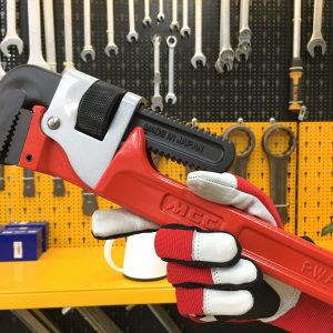 The pipe wrench features a drop-forged steel handle