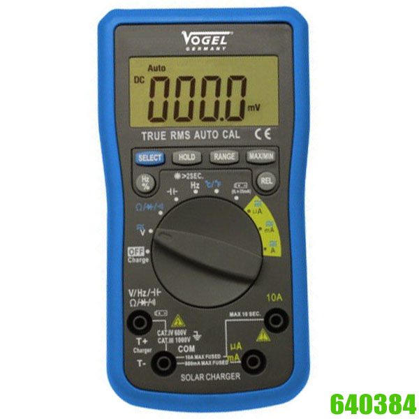 640384 Electr. Digital Multimeter,  with solar charger on top of instrument