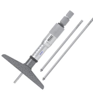 Vogel Germany depth micrometer 2308xx, DIN 863 compliant, matt chrome, ratchet stop, clamping wheel, interchangeable rods, for precision depth measurement.