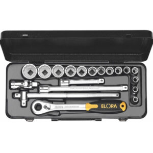 ELORA 770/771-LIND socket sets integrate square driver 1/2 inch, reversible ratchets, and durable powder-coated steel cases.