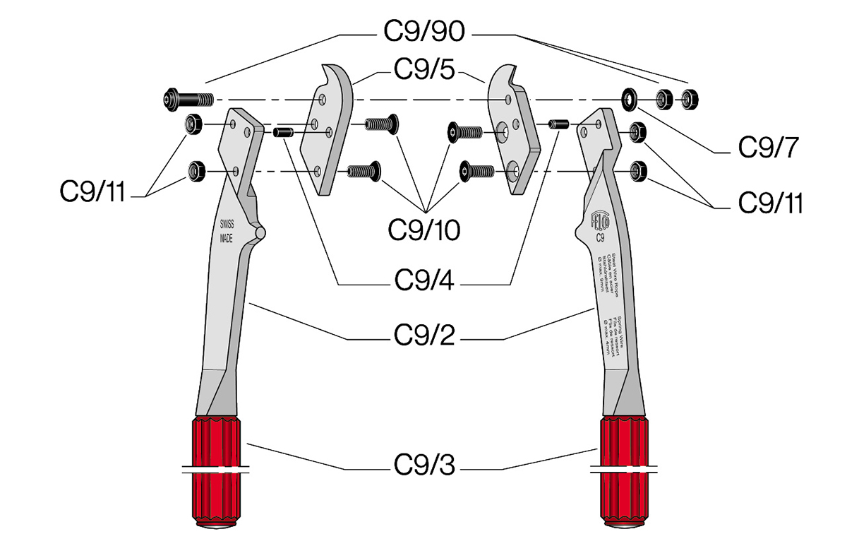 Steel cable cutter FELCO C9, Two-hand wire cutter, Swiss Made