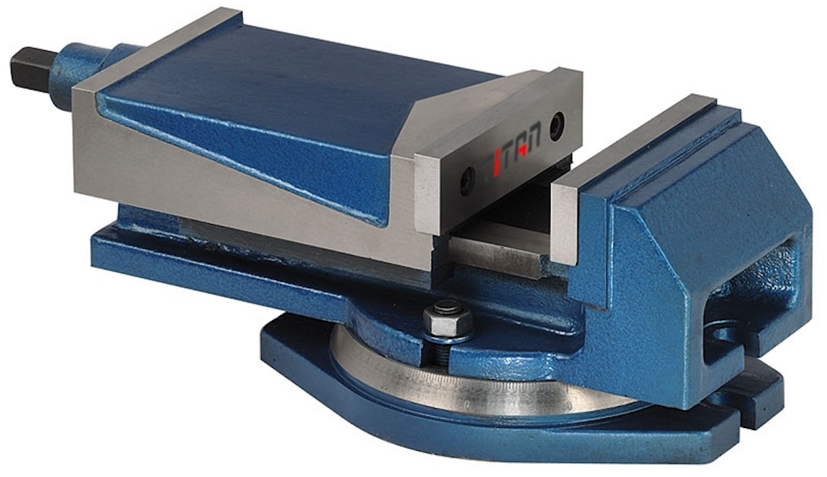 Fervi M023 milling machine vice features a 360° swivel base, interchangeable hardened steel jaws,