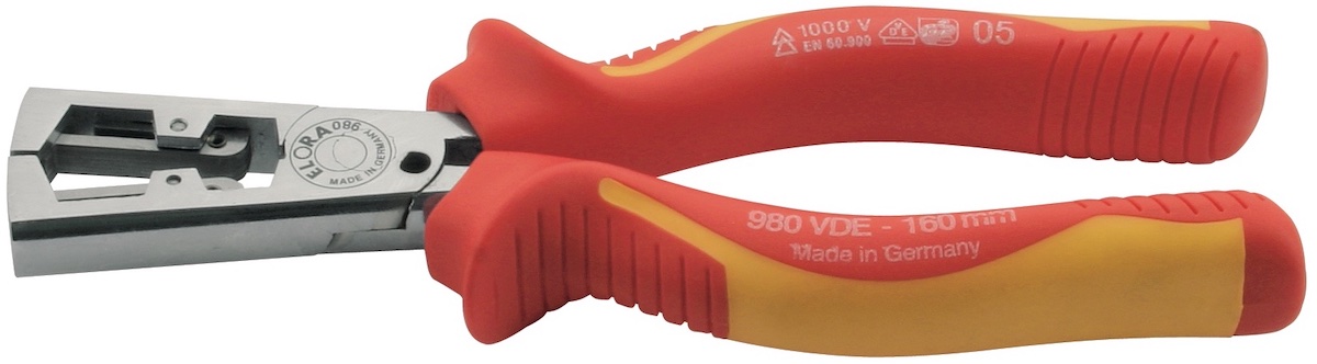 The ELORA 980-165 VDE wire stripper measures 160mm in length and weighs 216 grams. Its ergonomic design