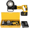 REMS Amigo 22 V set Cordless die stock comes with quick-change die heads, REMS thread-cutting oils, and sturdy steel case portability.
