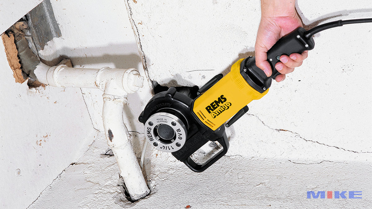 REMS Amigo Electric Die Stock: German-made threading tool with quick-change die heads, compact design, torque-support bracket, and universal 1200 W motor.