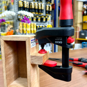 BESSEY GK gear-driven F-style wood clamp includes a cross-groove jaw for securing round or angled materials safely.