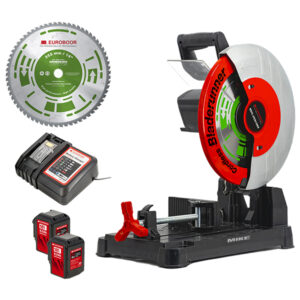 Cordless dry cut-off saw EUROBOOR EDC.355/36V uses a 355 mm blade capable of cutting round, square, and rectangular stock at both 0° and 45°.